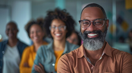 Fototapeta premium Diverse group of professionals smiling confidently at the camera in a modern office setting, showcasing teamwork and leadership.