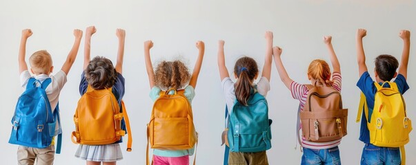 Handsome school children with backpacks celebrating success in the classroom, white background, panoramic photo, real photography style, bright light