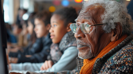 Elderly man and children in classroom setting, focusing on computer screens, symbolizing intergenerational learning and technology.