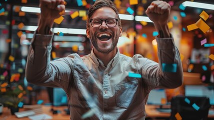 Excited young man celebrating success in office with confetti, expressing joy, happiness, and achievement. Vibrant work environment.