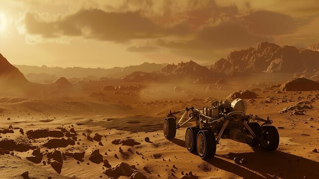 A 3D rendering shows a rover exploring Mars' rocky terrain, capturing data and stunning images.