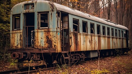Abandoned vintage train wagon in overgrown forest, Japan