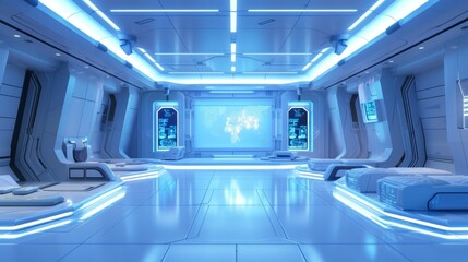Obraz premium A futuristic room with a large screen on the wall