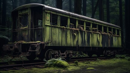 Obraz premium Abandoned train wagon covered in moss in a Japanese forest