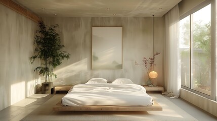 Minimalist bedroom with a simple bed, white linens, and one piece of art on the wall.