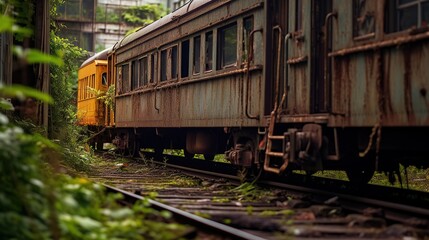 Abandoned train wagons in Japan with overgrown greenery