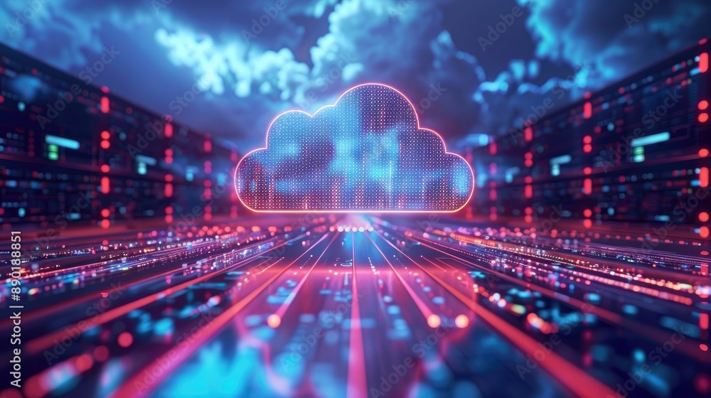 Poster futuristic digital representation of cloud computing services with neon lights and servers in a data