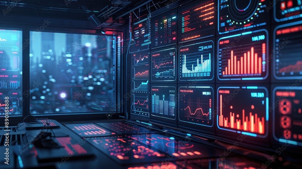 Poster futuristic data center with advanced analytical dashboards and neon-lit screens showcasing data tren