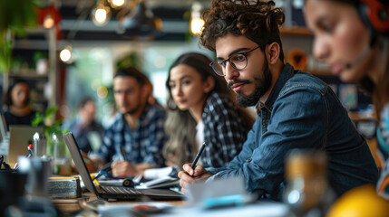 Focused young professionals working together in a creative office environment, collaborating on laptops and documents.