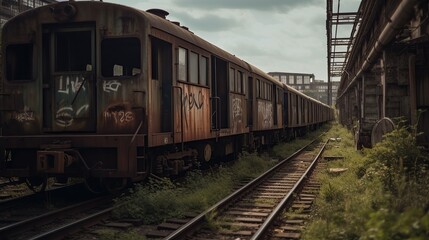 Fototapeta premium Abandoned train station with rusty train wagons in an industrial area