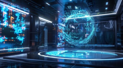 A futuristic room with a blue sphere in the center
