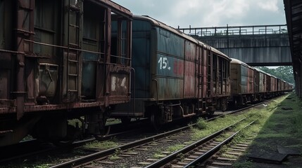Fototapeta premium Abandoned goods train station with weathered train wagons under cloudy sky