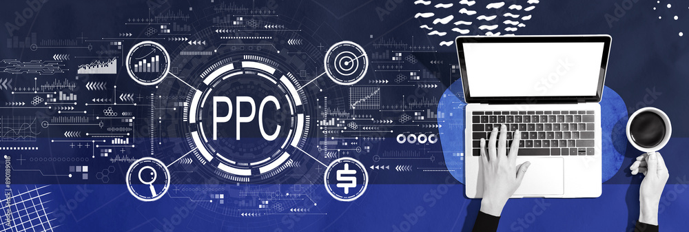 Aufkleber ppc - pay per click concept with person using a laptop computer