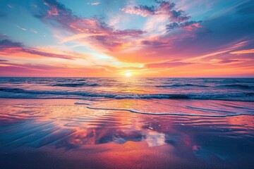 Fototapeta premium Vibrant sunset over calm ocean with pink sky reflections