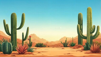 Desert Landscape with Cacti and Mountains