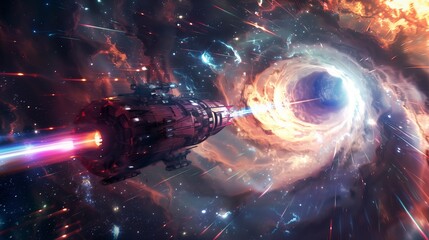 A spacecraft glides through a vibrant wormhole, surrounded by swirling colors and cosmic energy.