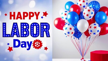 Split layout: Left side has 'HAPPY LABOR Day' in red, blue, and white with stars and a gear symbol. Right side shows a vibrant bouquet of red, white, and blue balloons. Cheerful and patriotic design