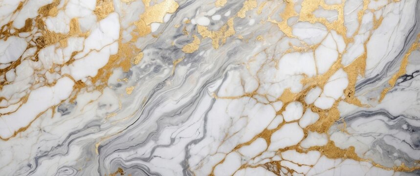 Close-up texture of white marble with flowing grey veins and scattered gold accents