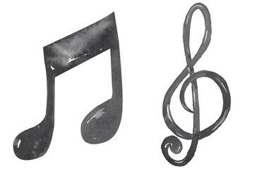 Watercolor treble clef and note hand drawn illustration, music elements set