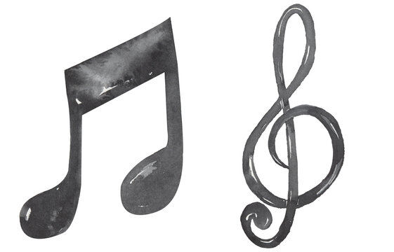 Watercolor treble clef and note hand drawn illustration, music elements set
