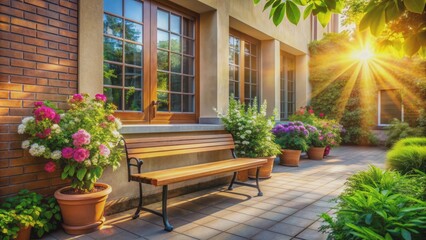 Warm sunlight illuminates a welcoming school entrance with a cozy bench and blooming plants, conveying a sense of comfort and invitation.