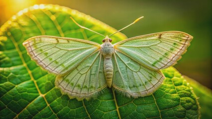 Delicate, pale-green moth with intricate wing patterns perches on a soft, emerald-green leaf, surrounded by warm, golden sunlight.