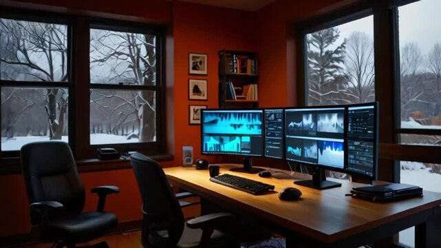Modern home office with large wooden desk by snowy windows, high-res monitors, warm orange walls, framed pictures, books, and ergonomic chairs