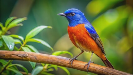 Naklejka premium Vibrant orange and blue bird perched on a rustic wooden branch, beautifully framed by lush green foliage, evoking serenity.