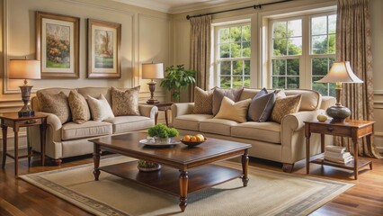 Elegant traditional English-style living room features beige sofa with decorative pillows, wooden coffee table, and subtle classic accents.