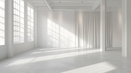 A large, empty room with white walls and white curtains