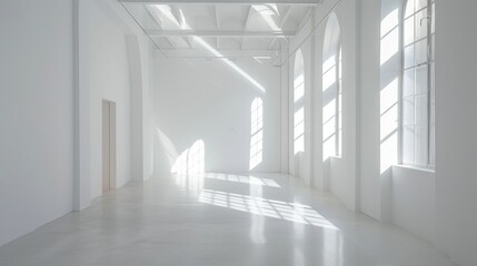 A large, empty room with white walls and a white door