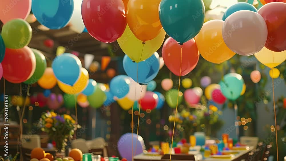 Poster a festive party setting with strings of floating inflatable balloons serving as colorful decorations