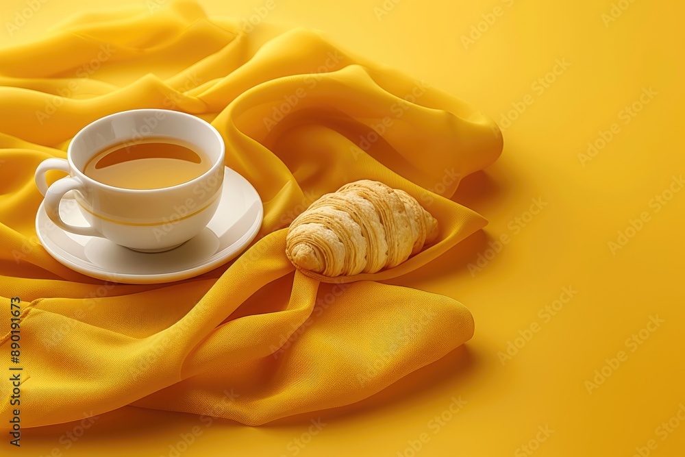 Wall mural Simple still life of a cup of tea and croissant on a yellow cloth