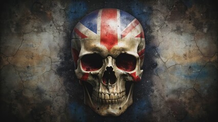 A dimly lit, close-up shot of a worn, ancient skull with a faded, tattered national flag painted on its forehead in bold brushstrokes.