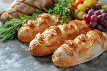 Rustic still life of freshly baked bread with grapes and rosemary