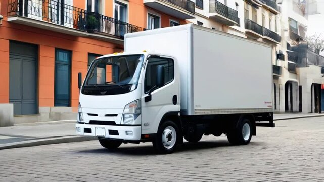 A white box truck with a modern design is parked on a cobblestone street in an urban area. Surrounding multi-story buildings in shades of orange, beige, and white create a quiet, daytime scene.