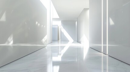 Obraz premium A long, narrow hallway with white walls and white flooring