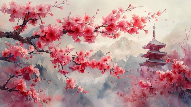 Cherry blossoms and pagoda in tranquil japanese landscape - generative ai - Powered by Adobe