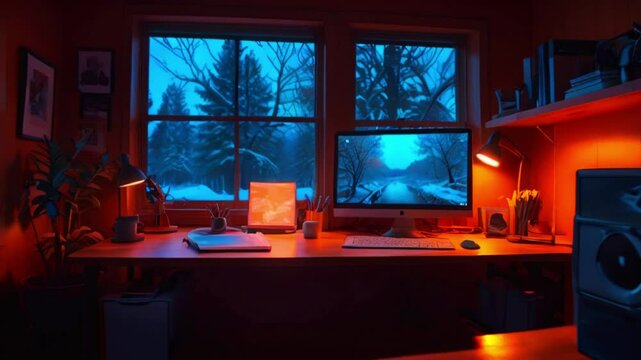 A cozy, organized home office with warm ambient lighting, a wooden desk, snowy twilight views, a computer setup, and soft desk lamps, creating a serene workspace.