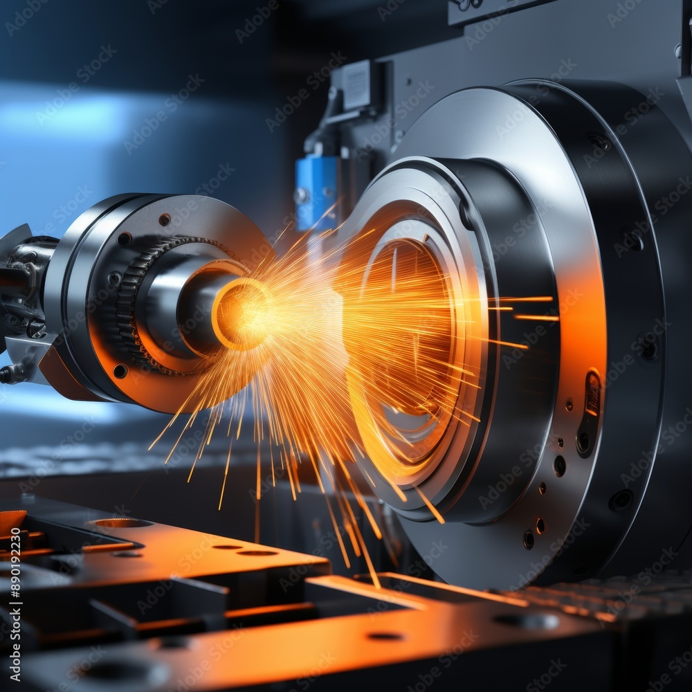 Aufkleber precision cnc lathe tool spinning at high speed with glowing cutting edge in focus