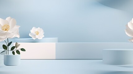 Elegant geometric shapes with a pastel blue and white podium, complemented by a Camellia japonica flower pattern, perfect for social media banners and product showcases