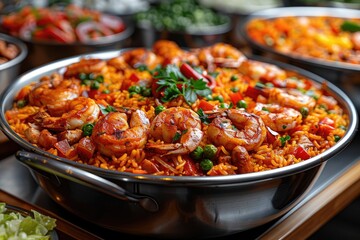 Fototapeta premium Scrumptious and Flavorful Seafood Paella with Fresh Ingredients