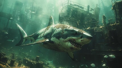Fototapeta premium Great white shark in sunken shipwreck - generative ai