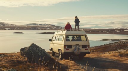 A senior couple embarking on a journey in their van. The spirit of adventure and freedom. The essence of van life travel, with the couple enjoying their golden years, exploring new places