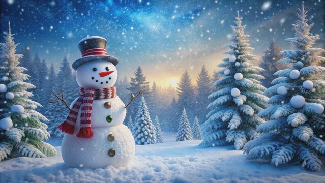 Isolated snowman standing tall amidst serene snowflakes gently falling on a frosty winter morning Christmas scene.