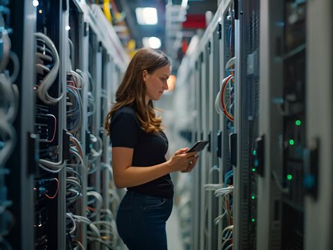 Female technician working in server room.