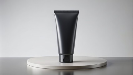 A solitary black cosmetic squeeze tube stands upright on a rounded black podium, illuminated against a plain white background.