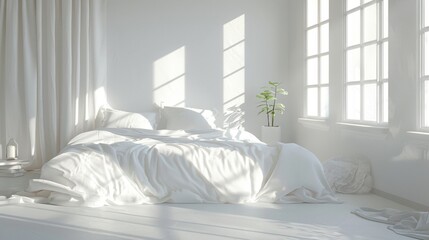 A white bedroom with a bed, a potted plant, and a window