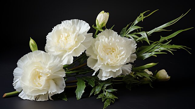 Elegant white carnations with greenery on a black background.