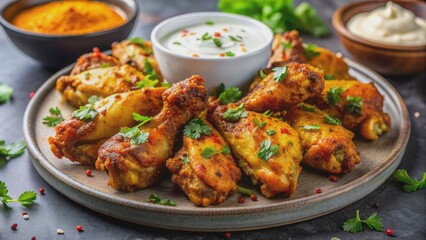 Savory baked curry chicken wings arranged on a marble table, paired with a side of creamy greek yogurt, invitingly presented.